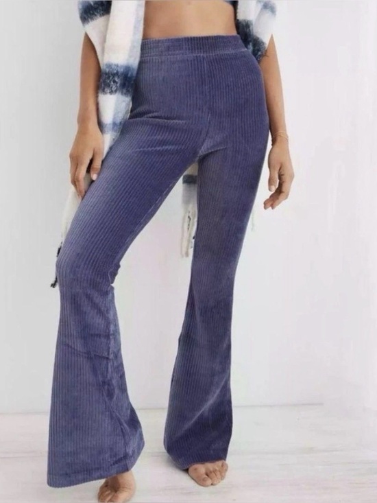aerie Pants - Aerie Blue Groove-On Velour High Waisted Flare Ribbed Pants